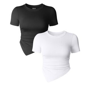 OQQ 2 Piece Tops Short Sleeve Crew Neck Ruched Stretch Fitted Tee Shirts Tops